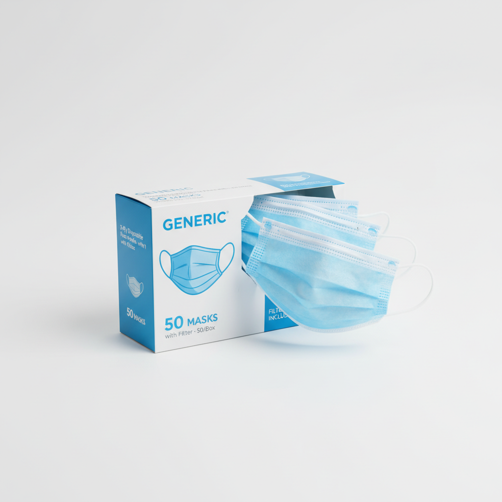 Generic 3-Ply Disposable Face Masks with Filter - 50/Box - angled view showing packaging