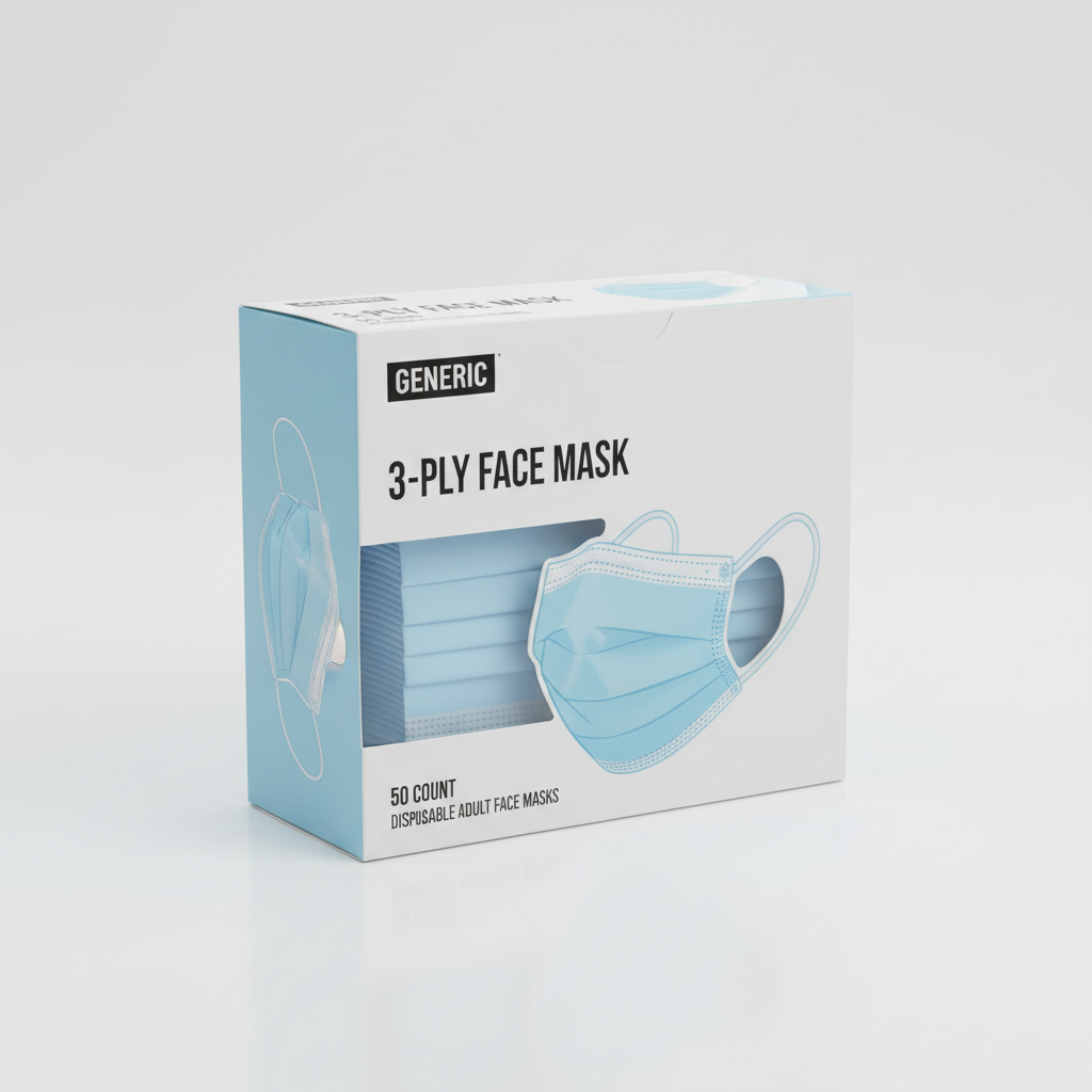 Generic 3-Ply Face Mask - angled view showing packaging
