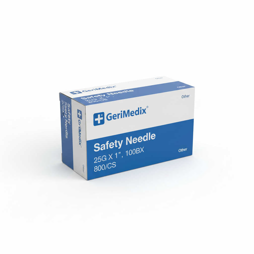 GeriMedix Safety Needle 25G X 1", 100BX, 800/CS - angled view showing packaging