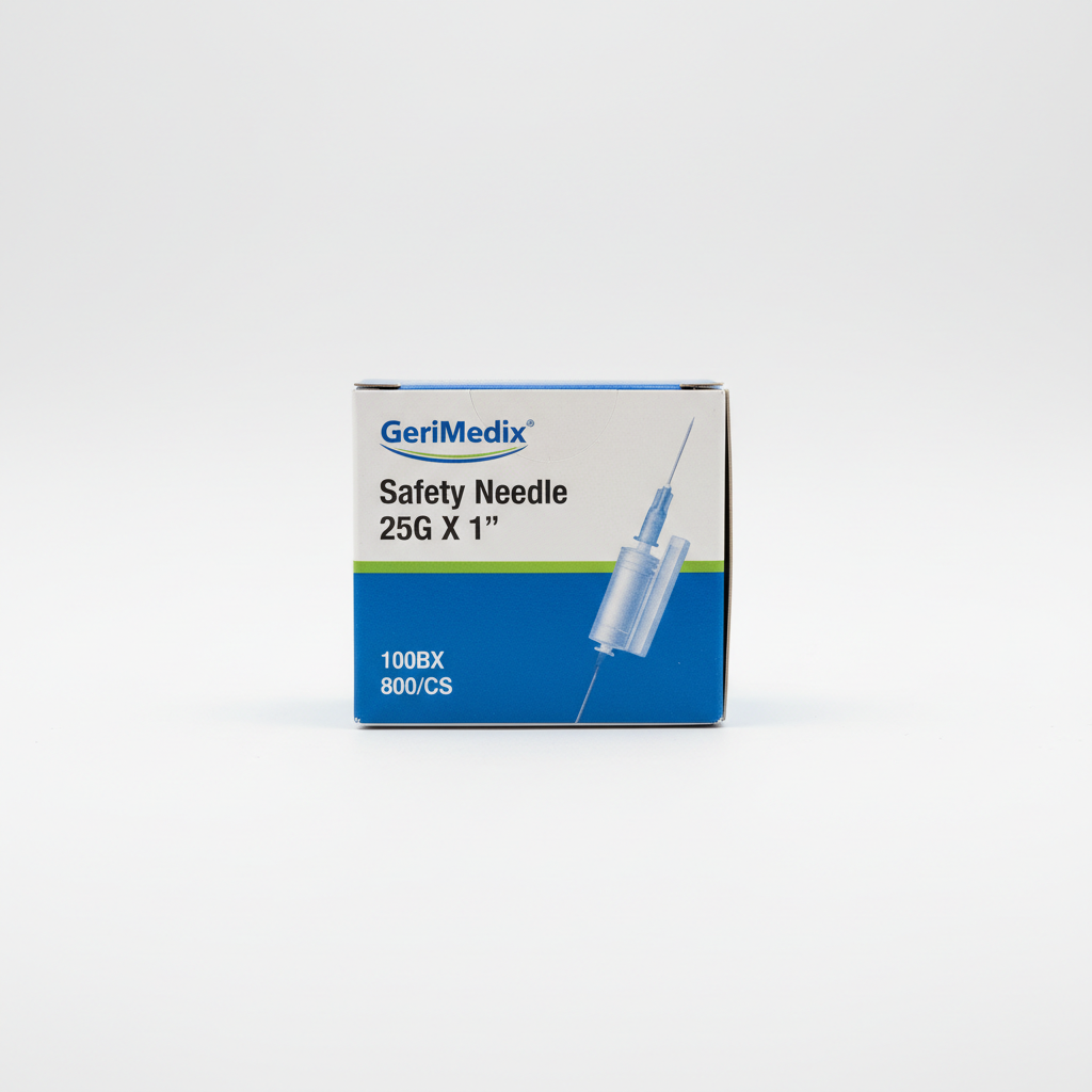 GeriMedix Safety Needle 25G X 1", 100BX, 800/CS - front view