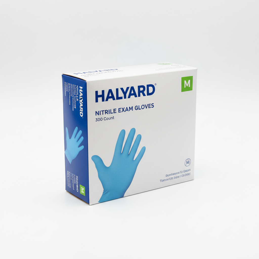 Halyard 300-Ct. Nitrile Exam Gloves - angled view showing packaging