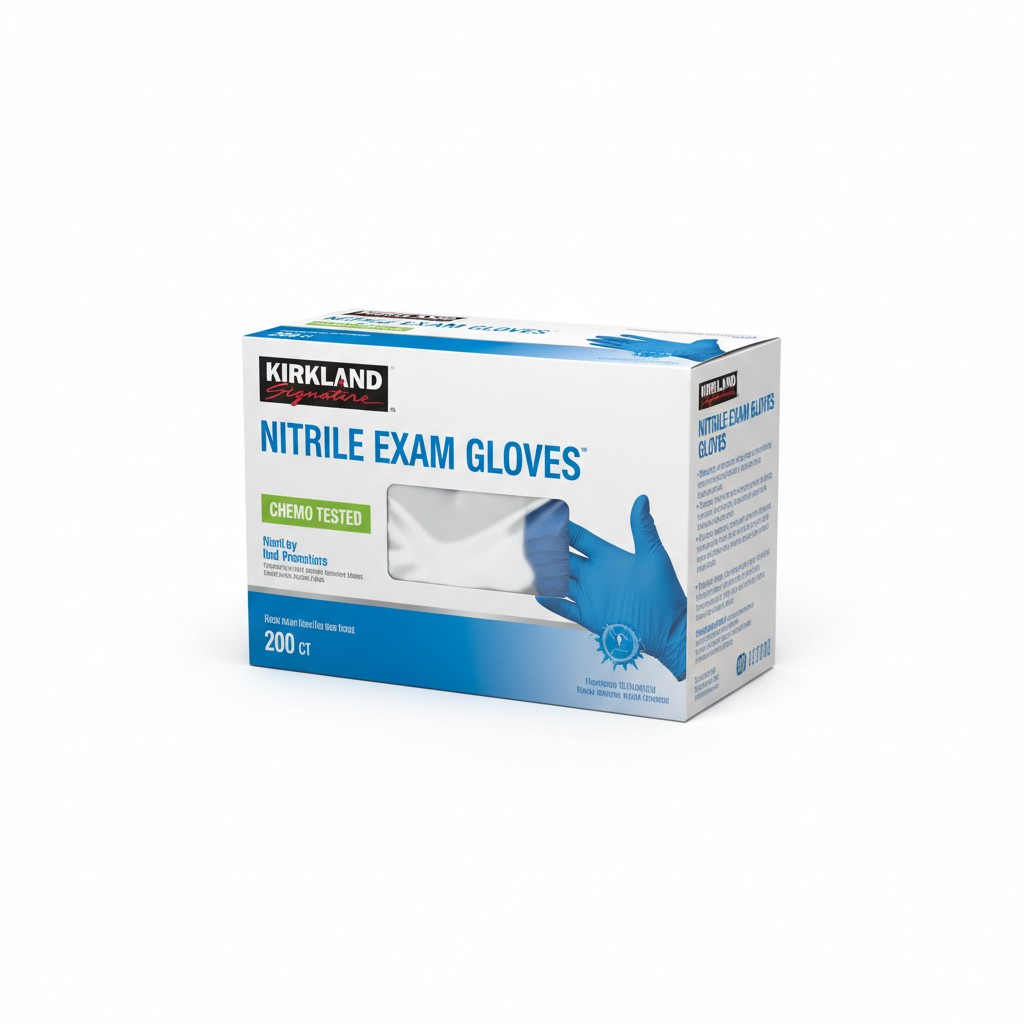 Kirkland 200-ct. Chemo Tested Nitrile Exam Gloves - angled view showing packaging