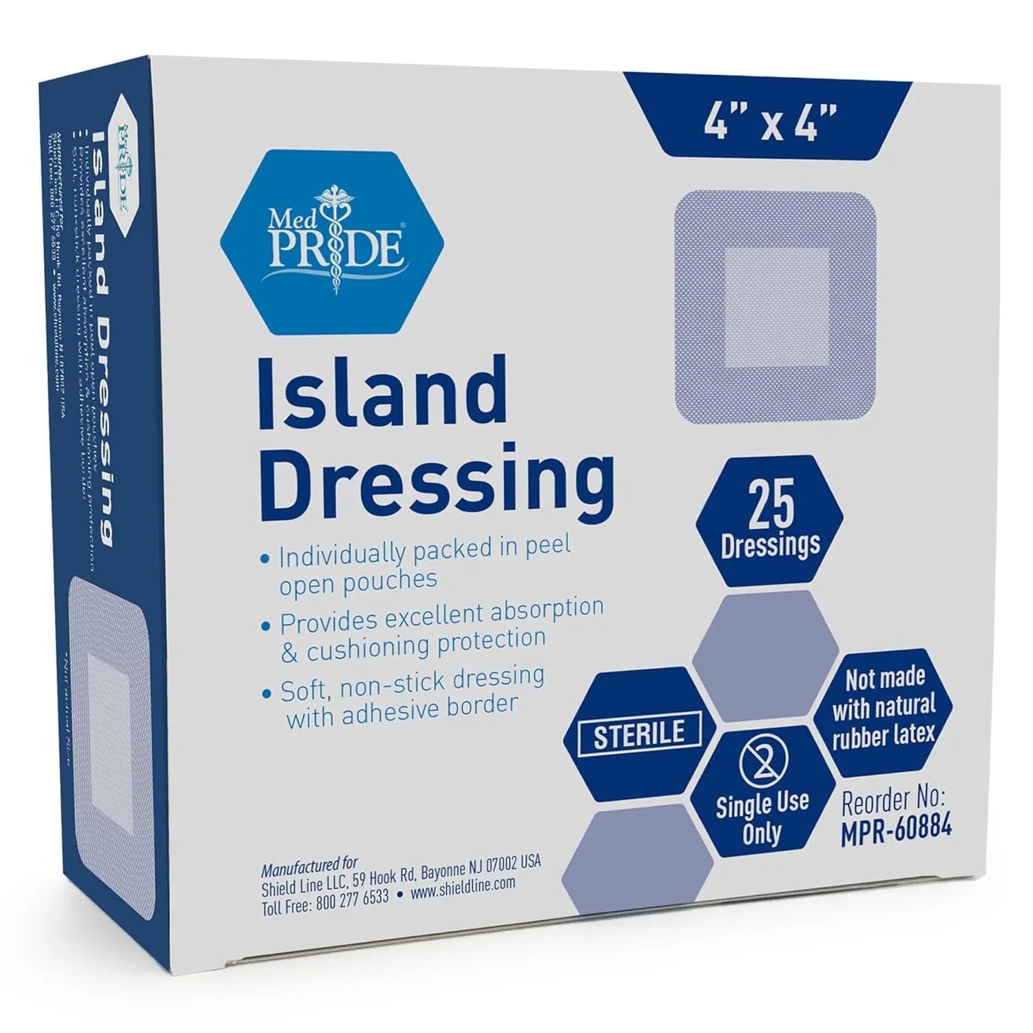 Medpride Bordered Gauze Island Dressing for Wounds First Aid Kit Supplies, 4”x4” 25/Box, Case of 6 (150 Count)