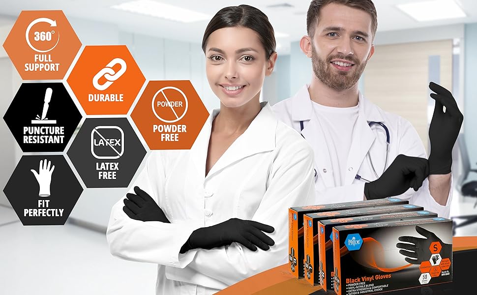 MedPride Black Vinyl Nitrile Gloves 4 Mil Thick Non-Sterile Powder Free - 50 Gloves / Case of 20 (1000 count)