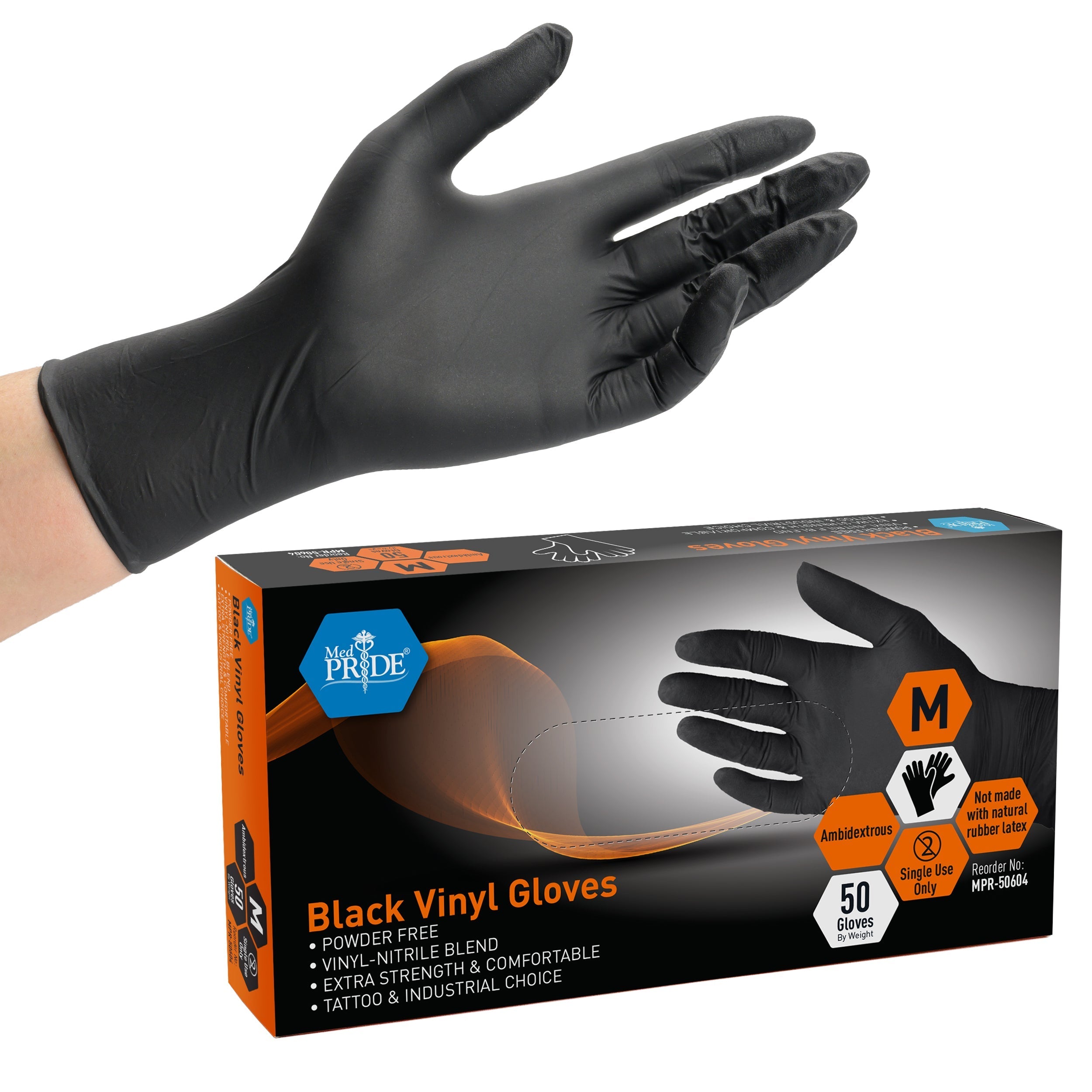 MedPride Black Vinyl Nitrile Gloves 4 Mil Thick Non-Sterile Powder Free - 50 Gloves / Case of 20 (1000 count)