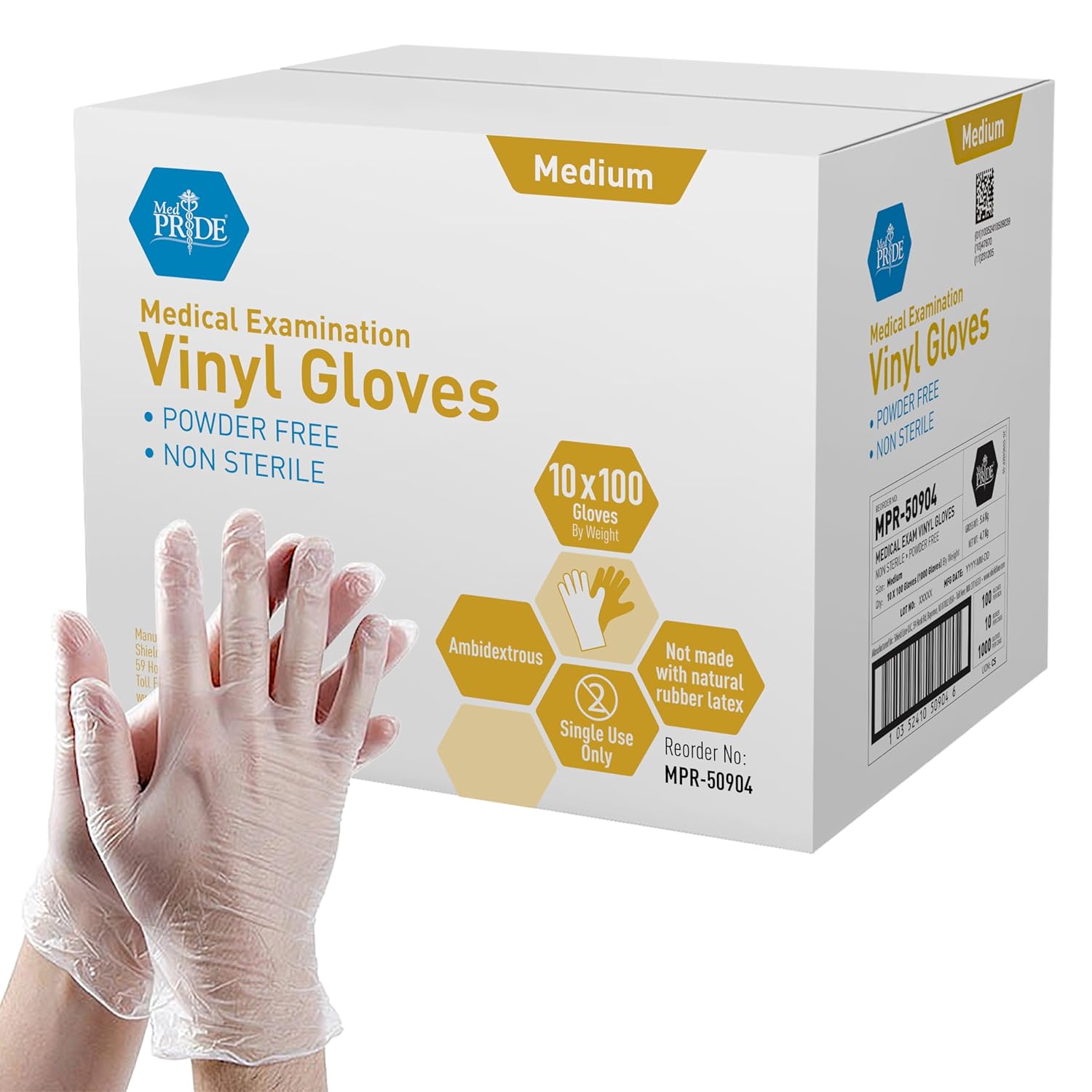 MedPride Vinyl Exam Gloves 4 Mil Thick Non-Sterile Powder Free - 100/box, Case of 10 (1000 count)