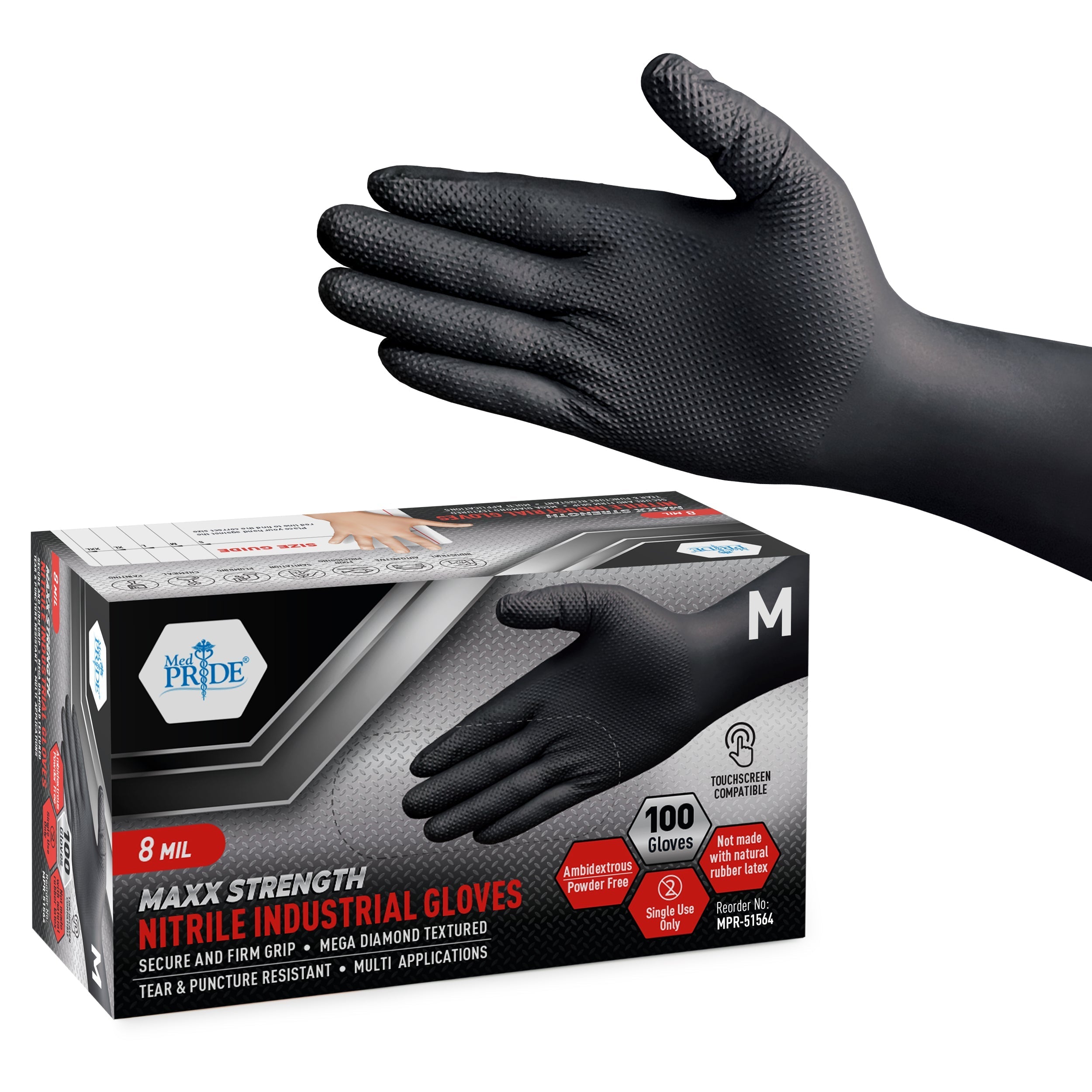 MedPride Maxx Strength Nitrile Industrial Black Gloves, 8 Mil Thick - 100 Gloves / Case of 10 (1000 count)