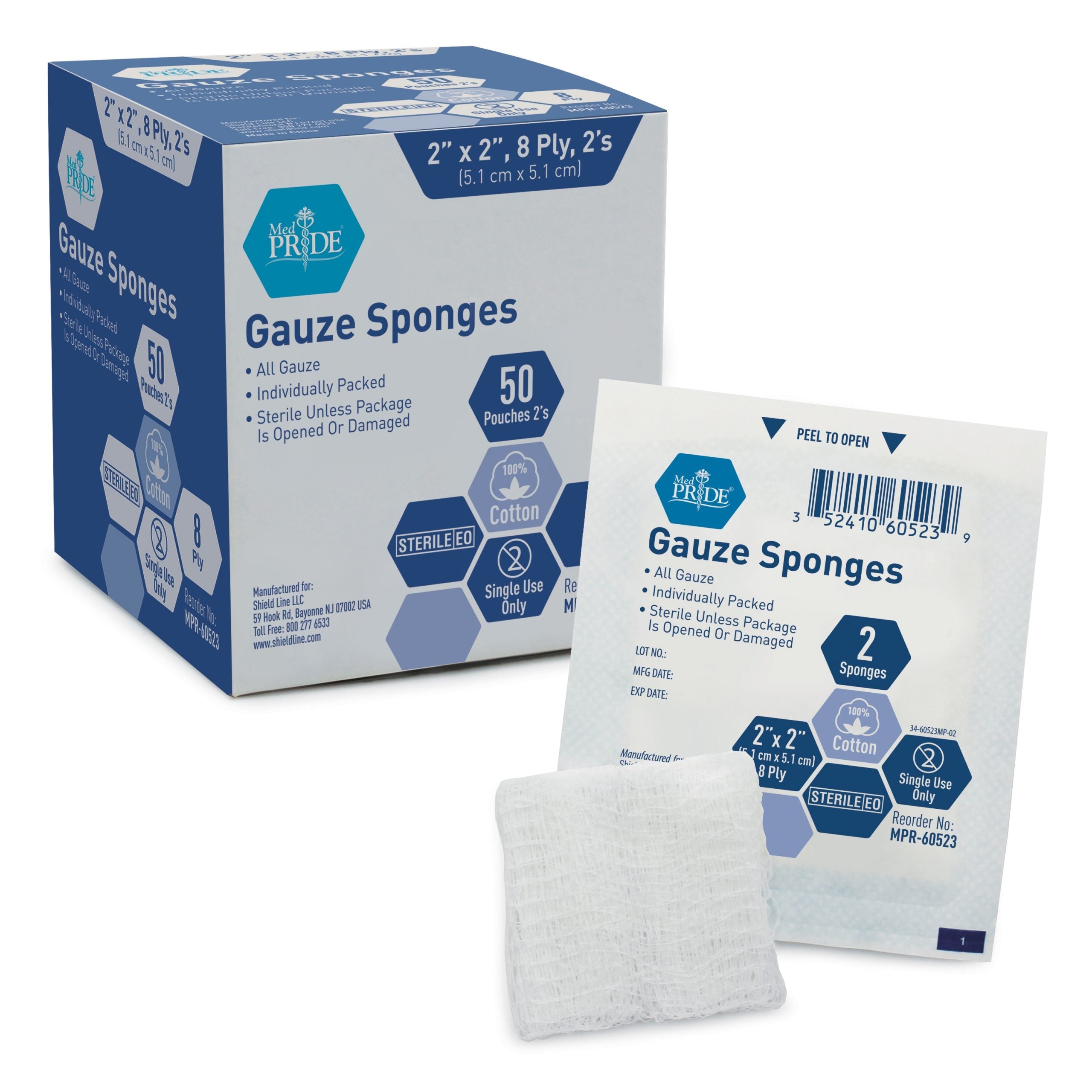 MedPride Sterile Surgical Gauze Sponge - 2's, 2"x2" - 8 Ply - 50/Box, Case of 30 (3000 Count)