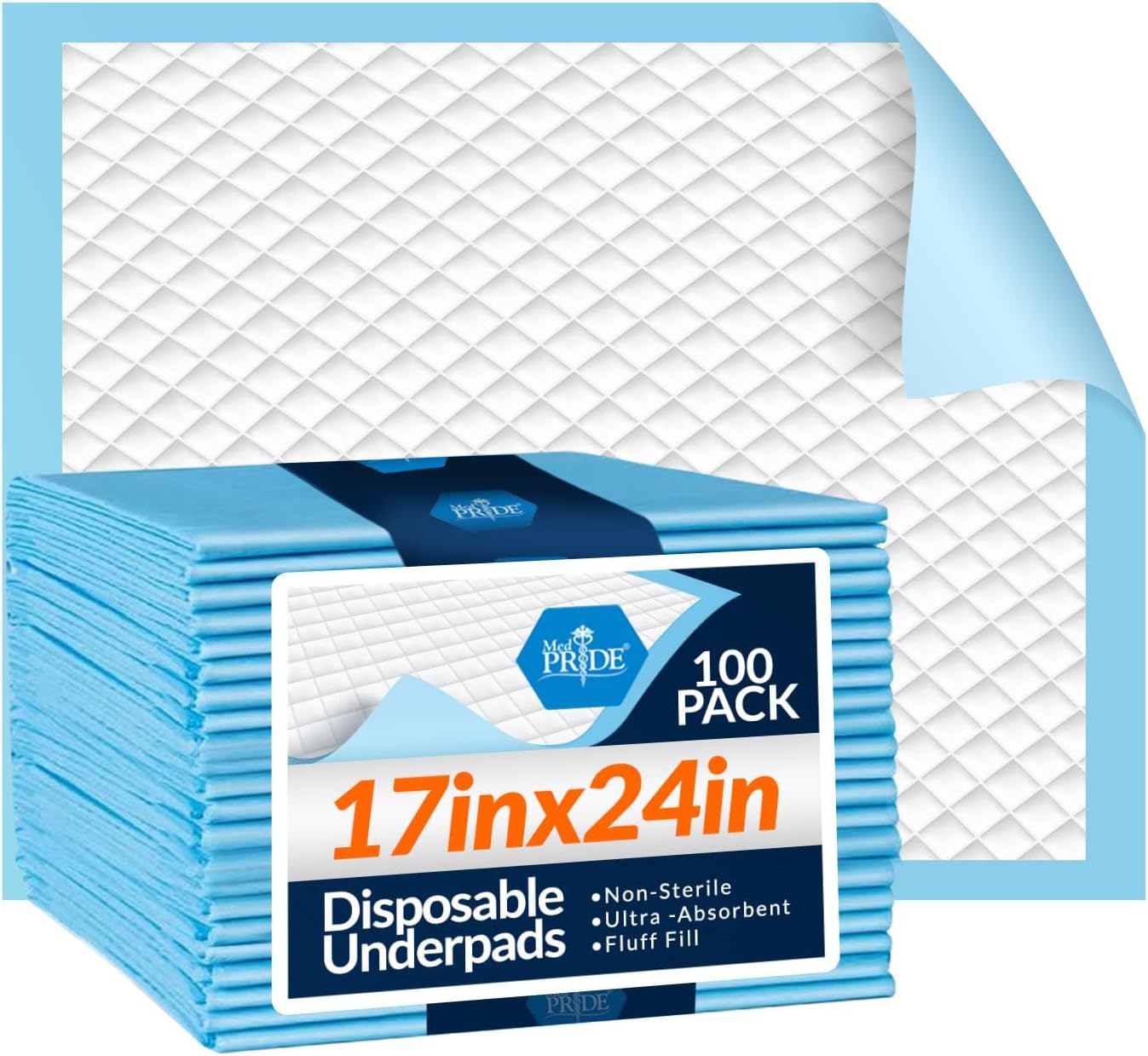 MedPride Disposable Underpads, 17 x 24 w/ 2-Ply Tissue - 100/pack, Case of 3 (300 Count)