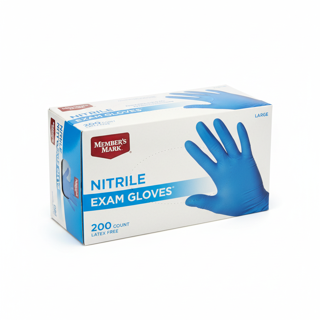 Member's Mark 200 Count Nitrile Exam Gloves - angled view showing packaging