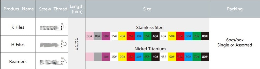 Endodontic H files NiTi 6pcs pack