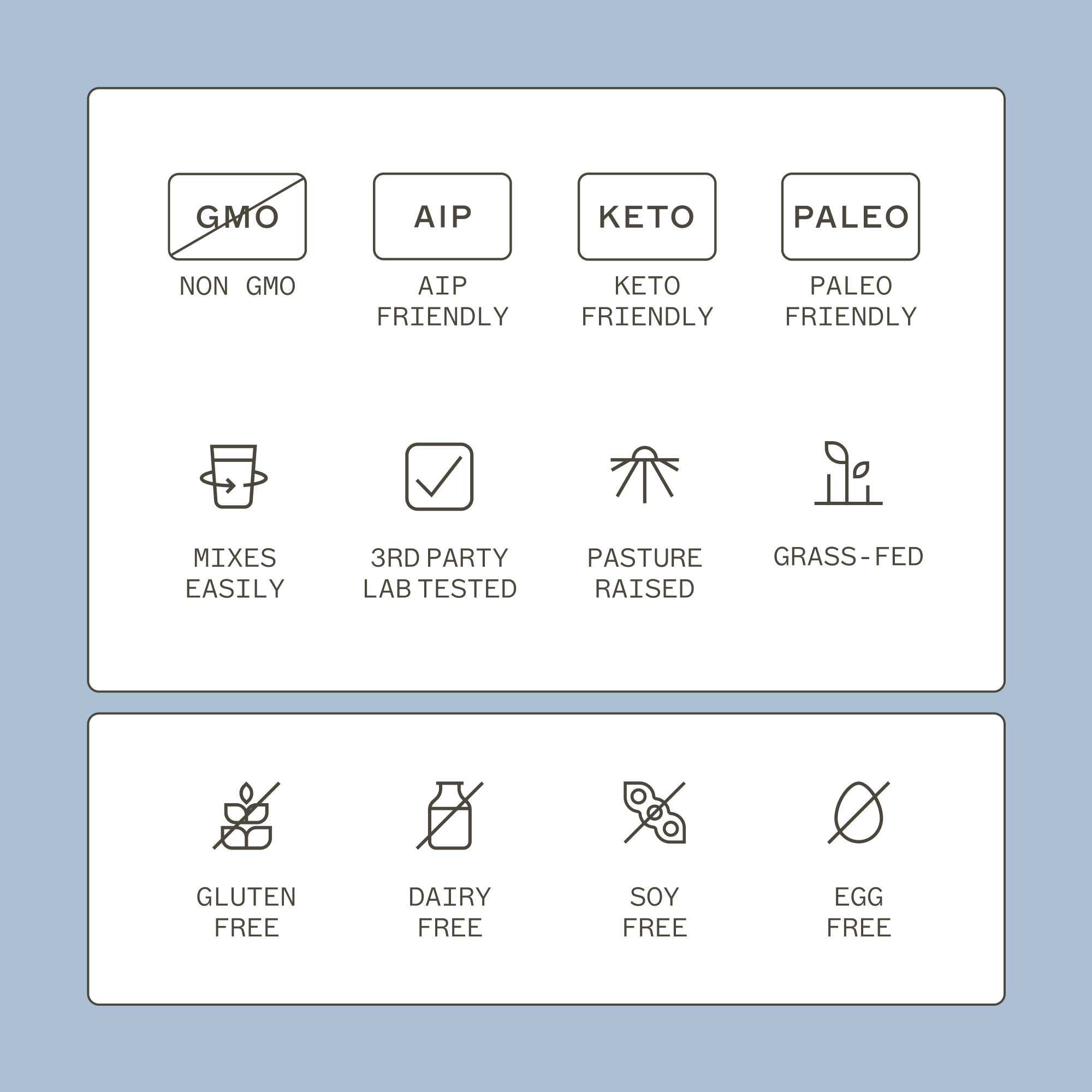 Paleo Protein Vanilla Bean product icons. Non gmo, AIP friendly, keto friendly, paleo friendly, mixes easily, 3rd party lab tested, pasture raised, grass-fed, gluten free, dairy free, soy free, egg free. 