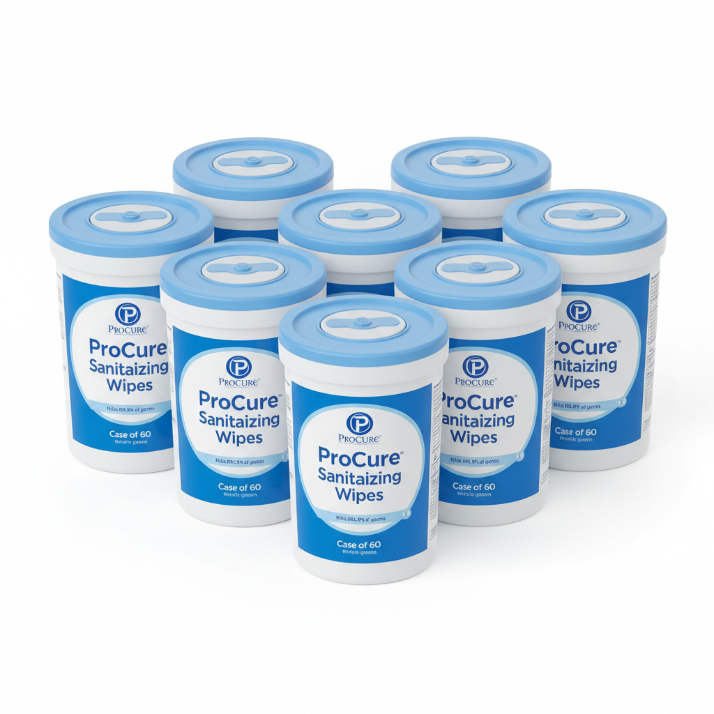 ProCure Sanitizing Wipes - Case of 60 - angled view showing packaging