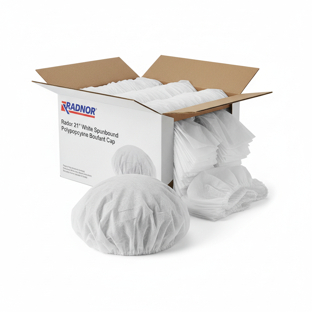 Radnor 21" White Spunbound Polypropylene Bouffant Cap, 1,000/Case - close-up detail shot