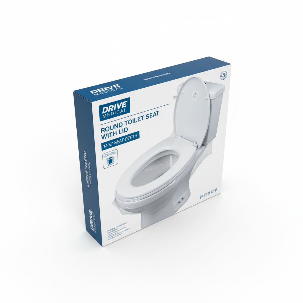 Round Toilet Seat with Lid (14 ½" Seat Depth) - angled view showing packaging