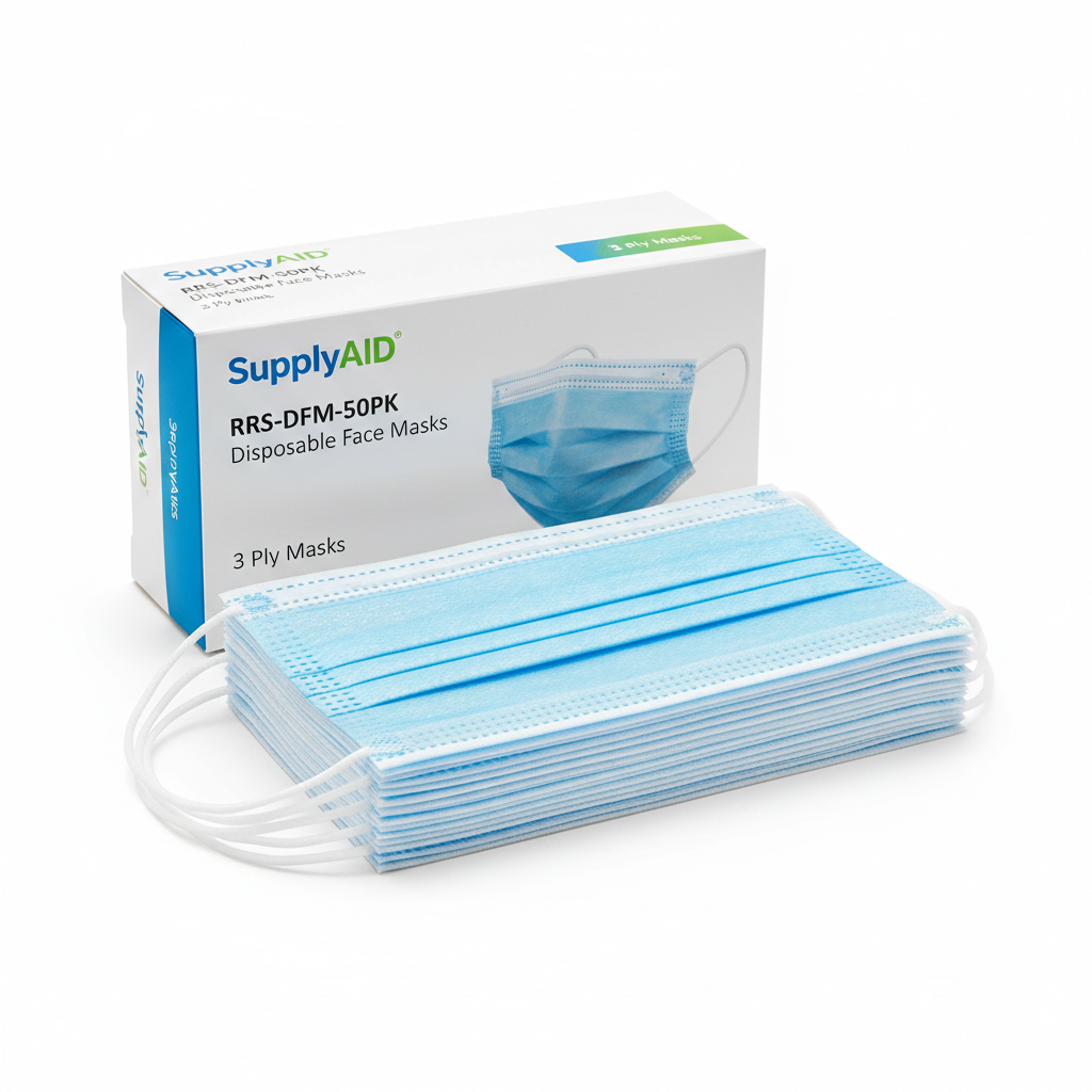 SupplyAID RRS-DFM-50PK Disposable Face Masks - close-up detail shot