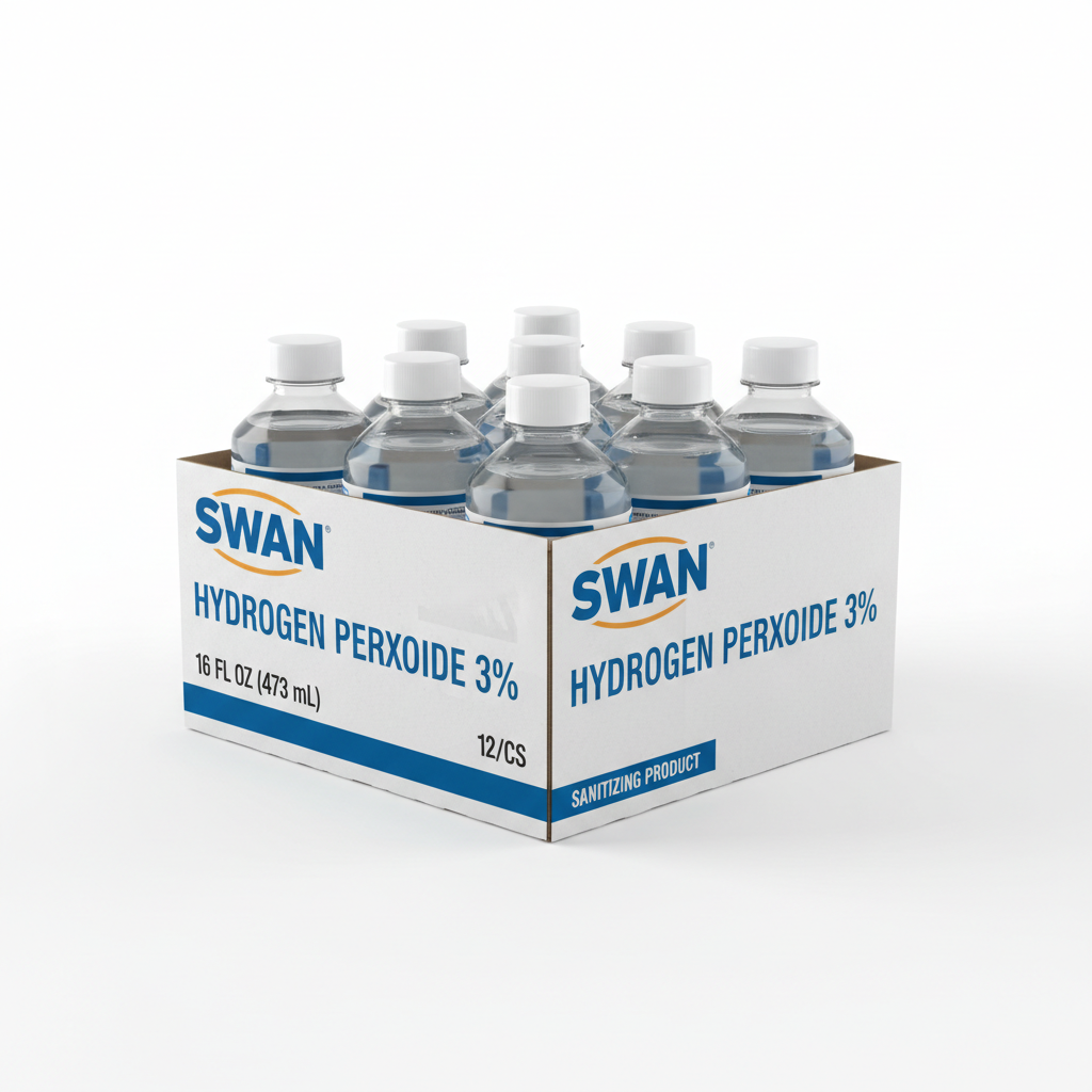 Swan Hydrogen Peroxide 3% 160z Bottle 12/Cs - angled view showing packaging
