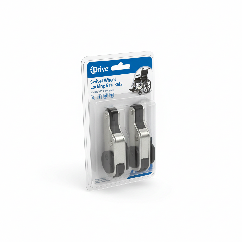 Swivel Wheel Locking Brackets - angled view showing packaging