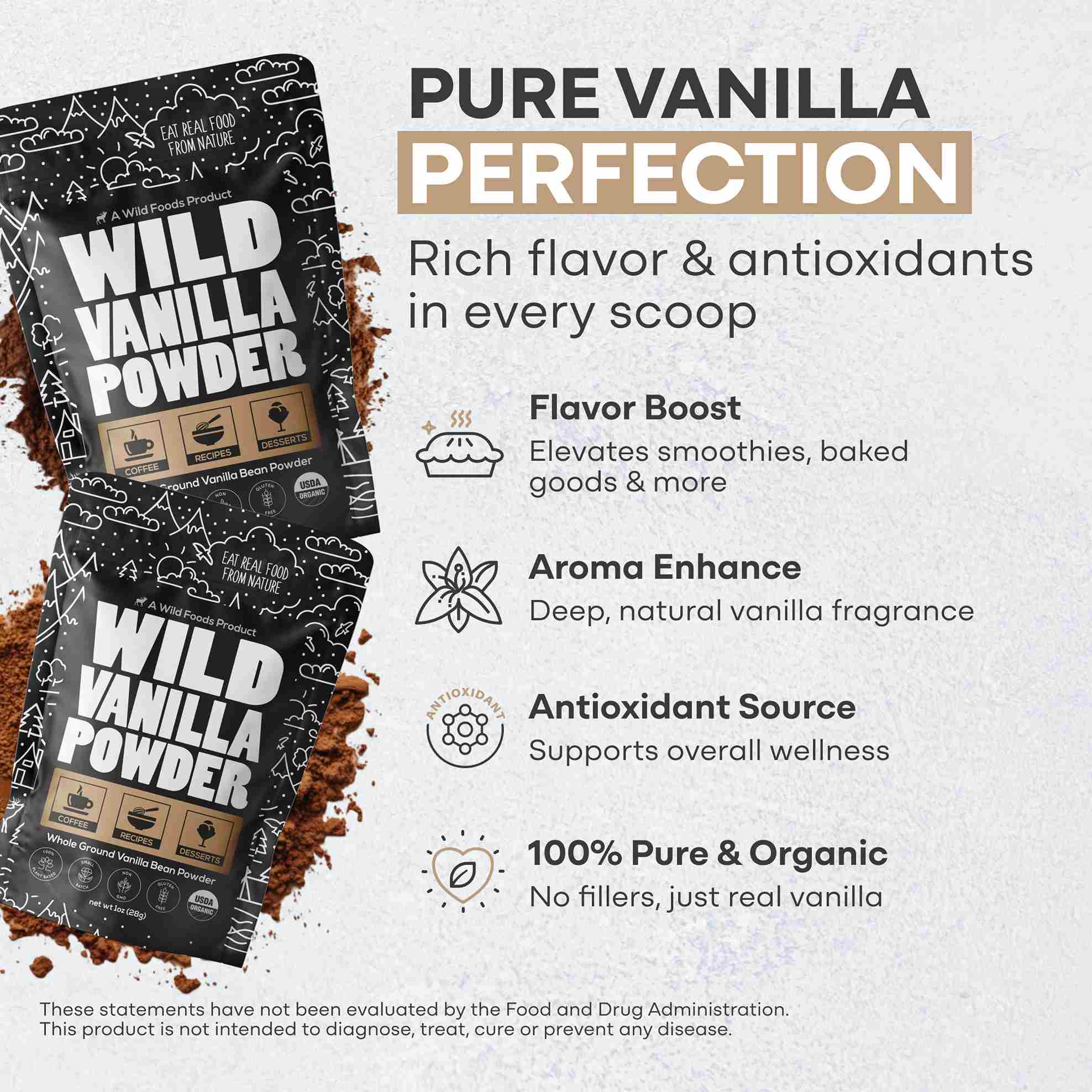 Vanilla Powder, 28 servings - Organic Ground Whole Vanilla Beans by Wild Foods