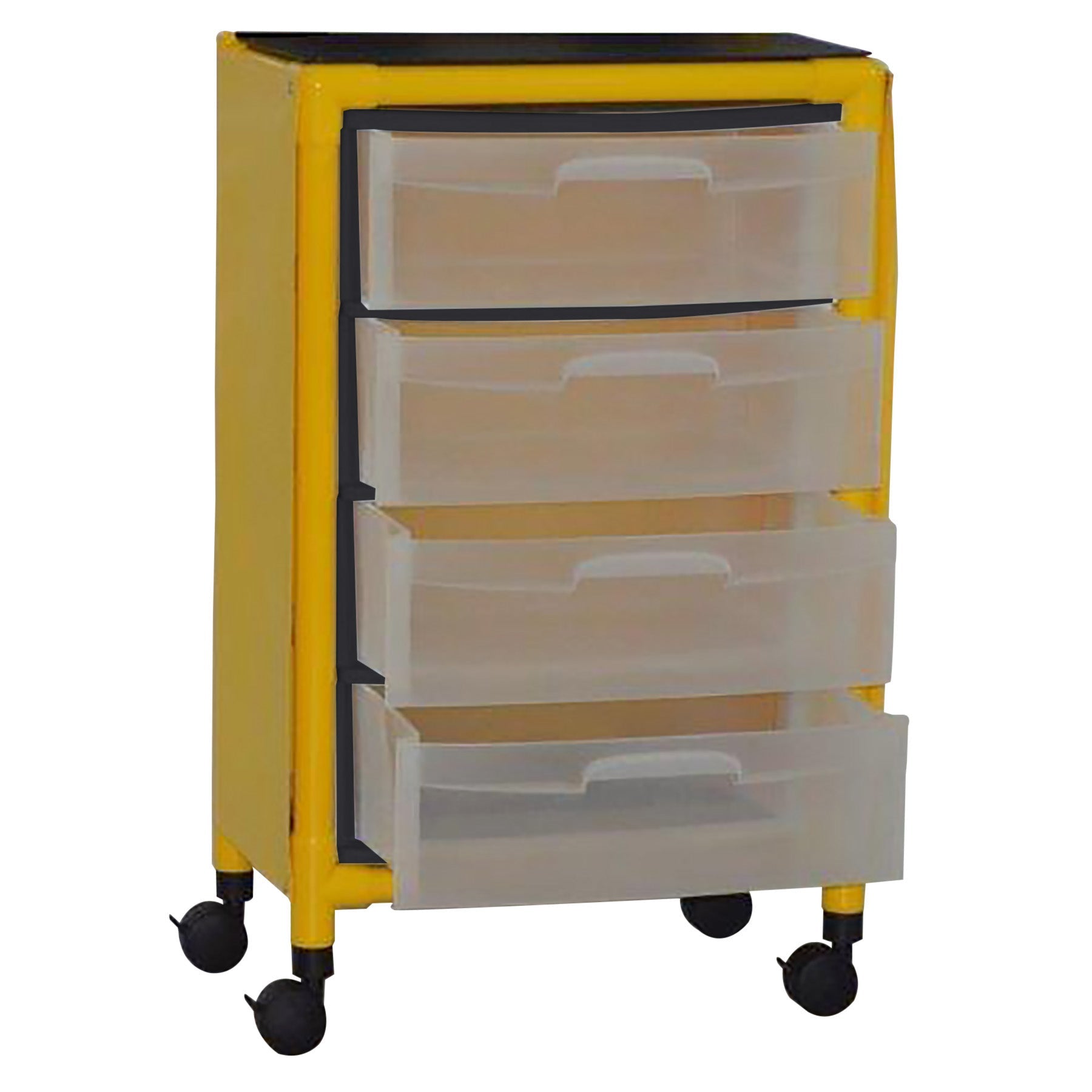 MJM International Y4U4D-ISO-NBP Yellow universal isolation cart with 4 slide out drawers, top writing shelf, no back panel, internal drawer size: 19.125" W x 14" D x 6.5" H