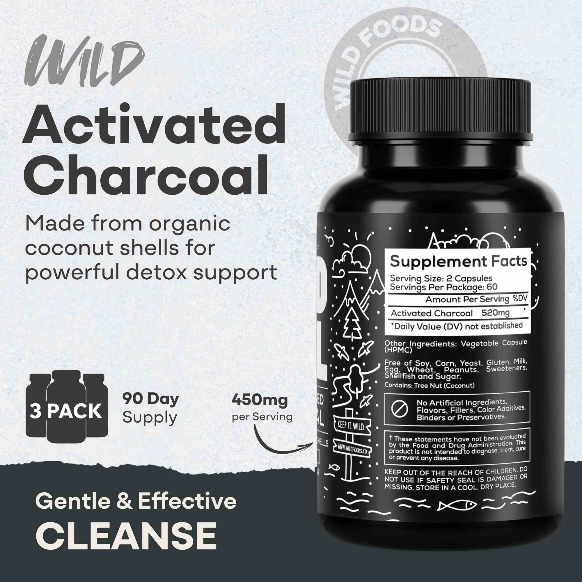 Activated Charcoal Capsules, 60 servings - Made from 100% Organic Coconuts by Wild Foods