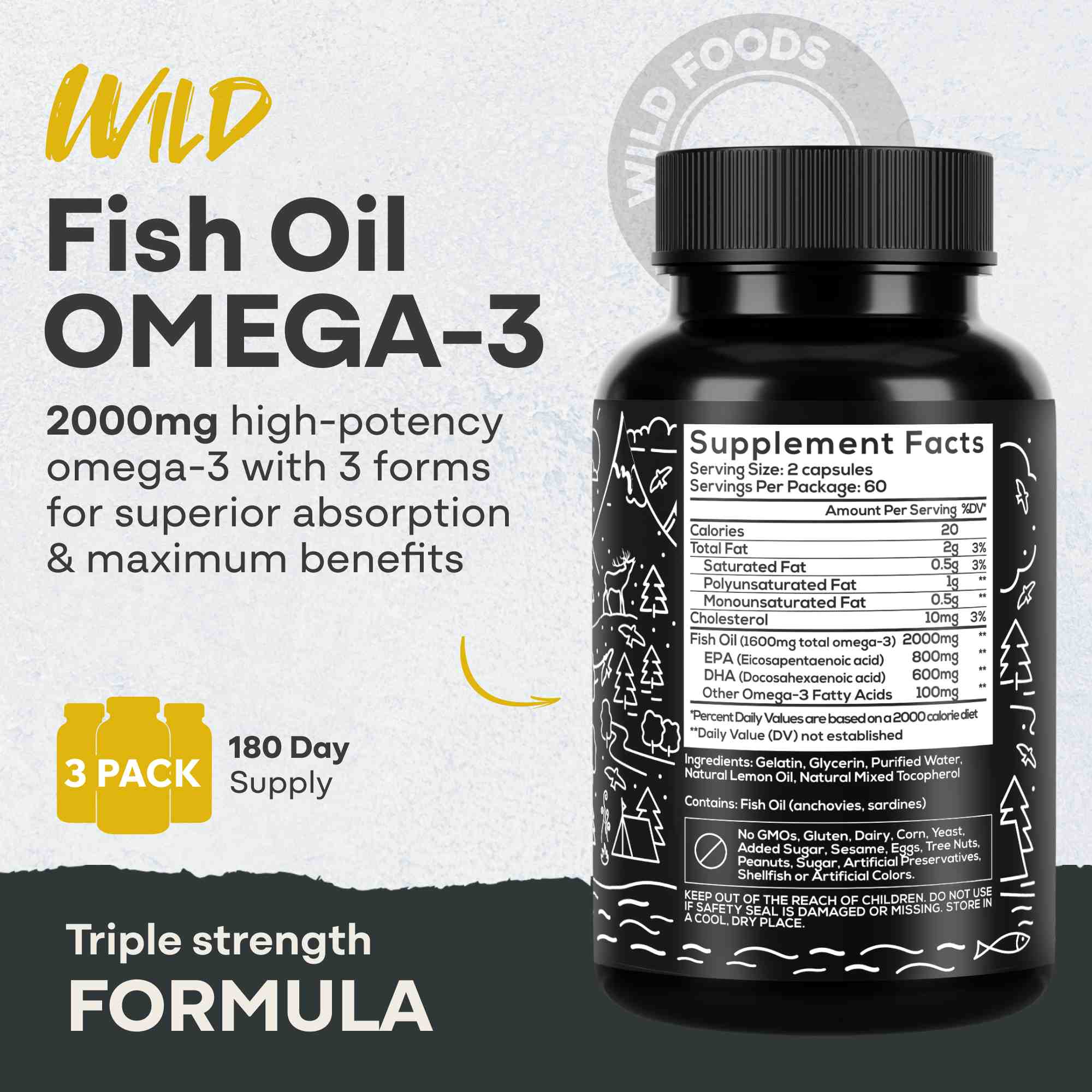 Wild Fish Oil Capsules, Omega-3 Blend, Sustainable, Pure, Third-Party Tested by Wild Foods