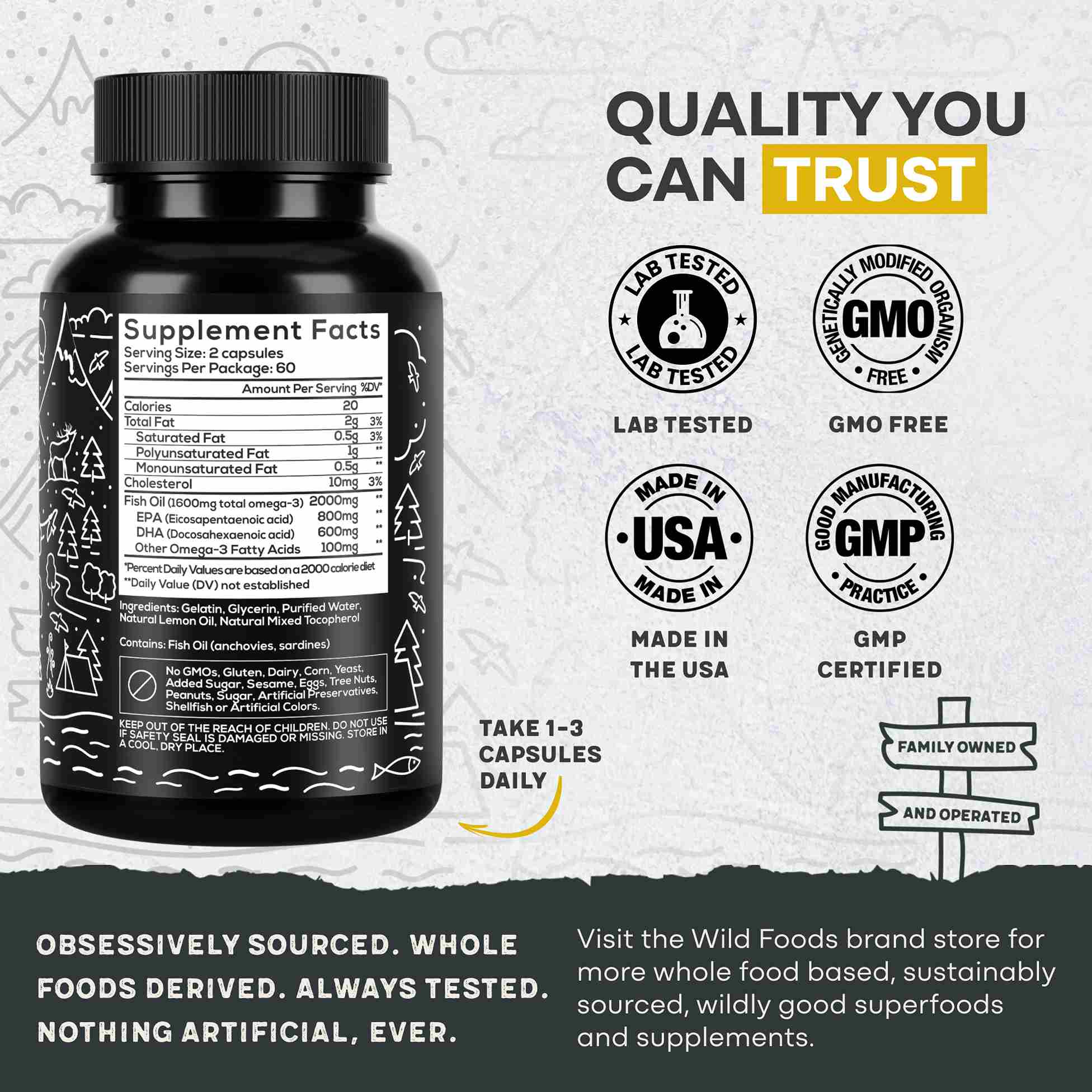 Wild Fish Oil Capsules, Omega-3 Blend, Sustainable, Pure, Third-Party Tested by Wild Foods