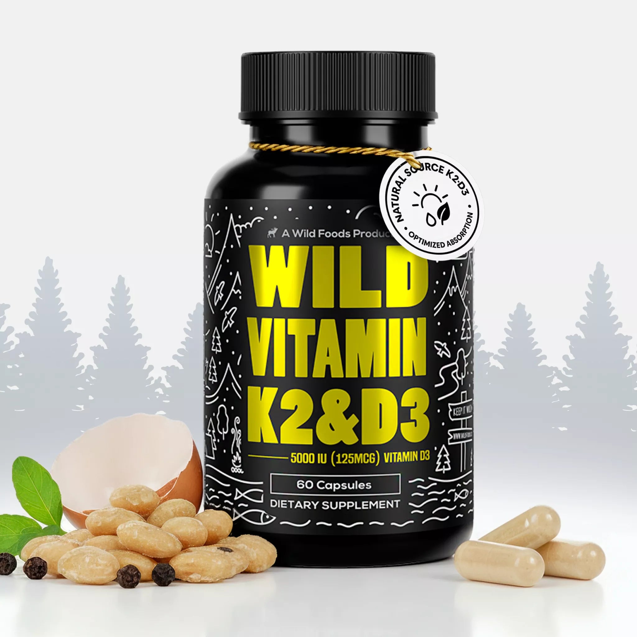 Vitamin K2 (MK-7) & Vitamin D3 (5000 IU) & Black Pepper Extract by Wild Foods