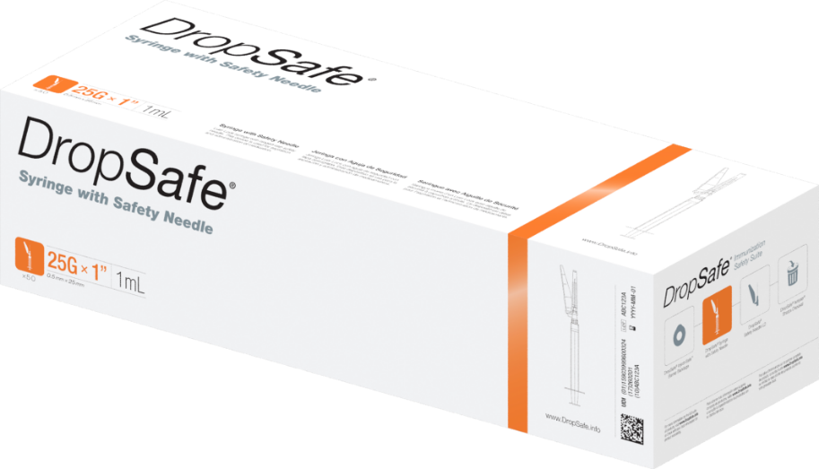 DropSafe מזרק Combo מחט בטיחות 25G x 1", 1 מ"ל, 50/BX, 6BX/CS
